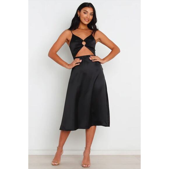 Petal & Pup Moklim Keyhole Cutout Satin Midi Slip Dress Black Size 4 - Picture 1 of 6